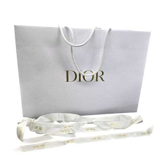 Dior White Textured Paper Shopping Bag With Gold Logo & Ribbons VR1025 - Picture 1 of 7